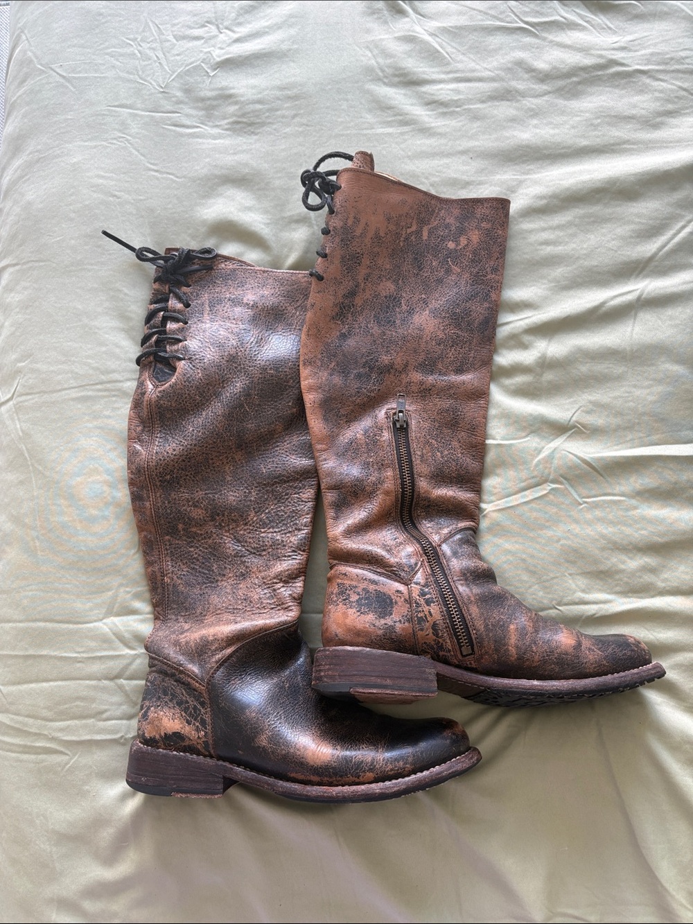 BEDSTU Distressed Brown Knee-High Lace-Up Riding Boots